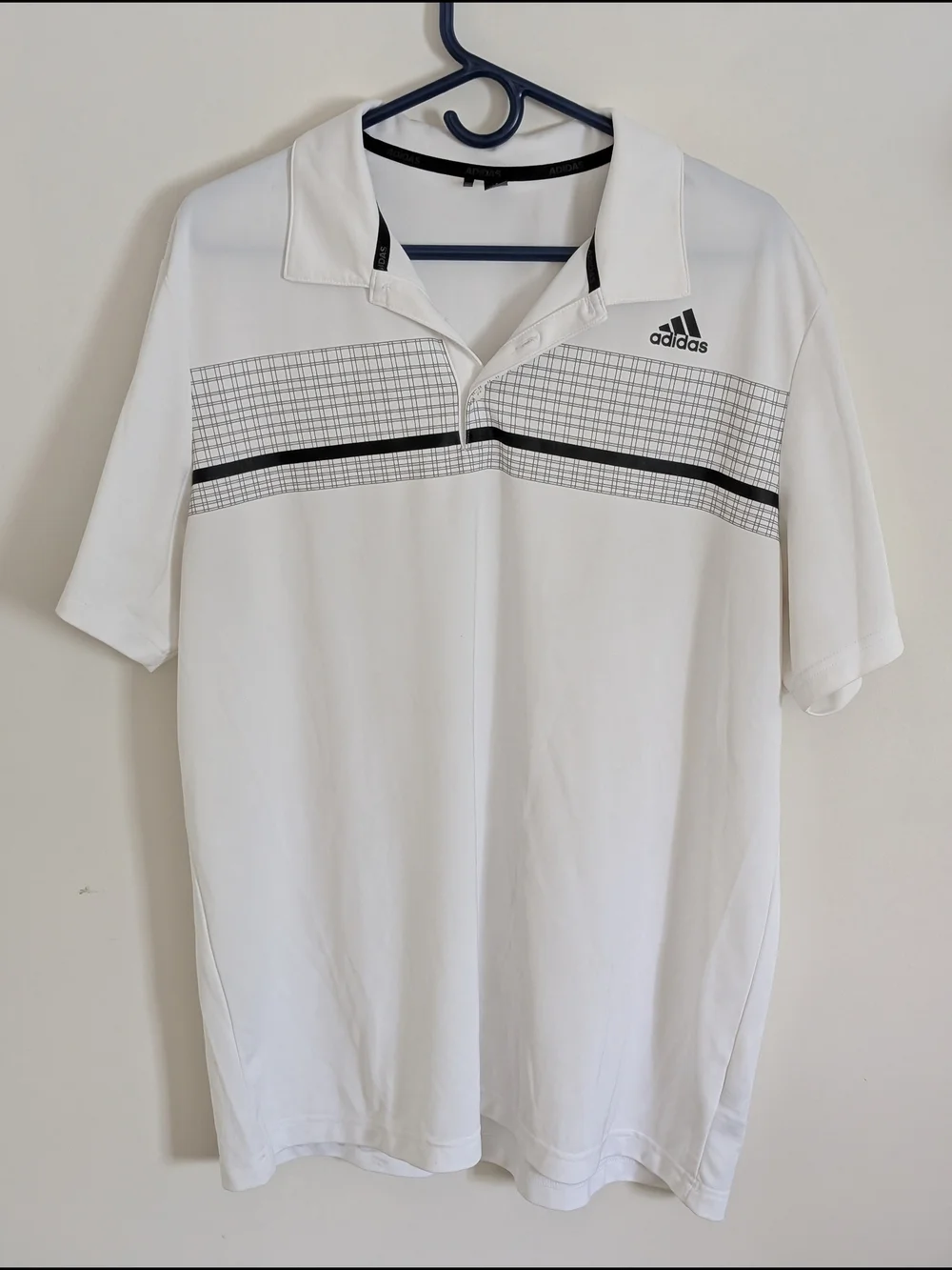 adidas Primegreen Men's XL White Plaid Polo Shirt Short Sleeve Logo Button